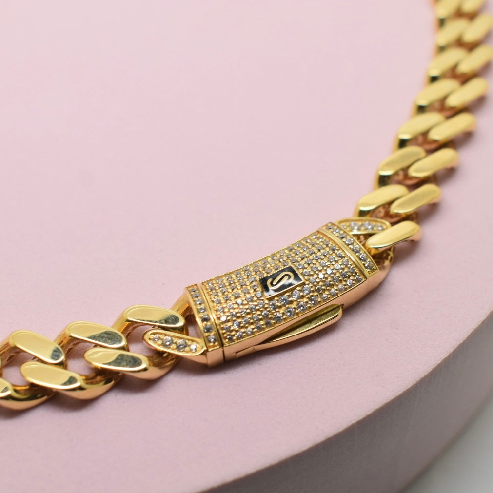 Real 18K Yellow Gold - 10mm Monaco Classic Chain with Stone
