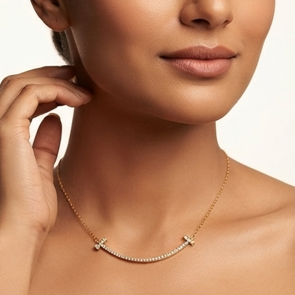925 Sterling Silver - Yellow T-Smile Pave Necklace