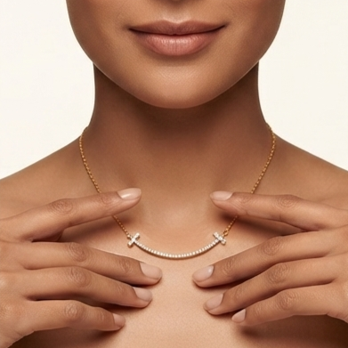 925 Sterling Silver - Yellow T-Smile Pave Necklace