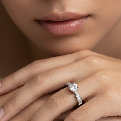 Fine 925 Sterling Silver - Round Stone With Baguette Channel set Ring
