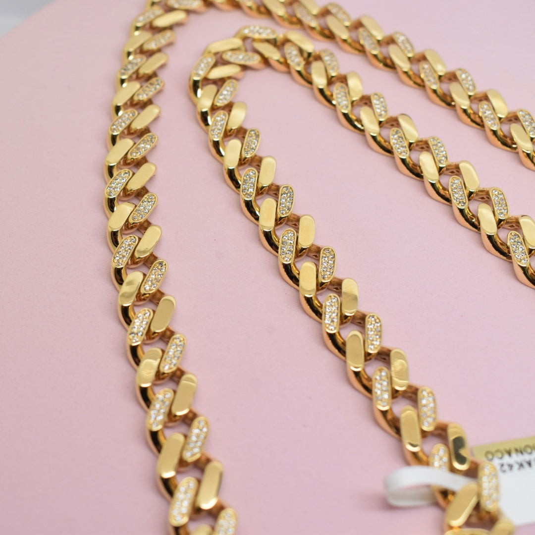 Real 18K Yellow Gold - 10mm Monaco Classic Chain with Dual Stone