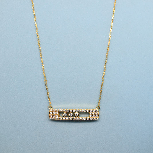 925 Sterling Silver - Yellow SJMSK Full Pave Triple Stone Bar Necklace