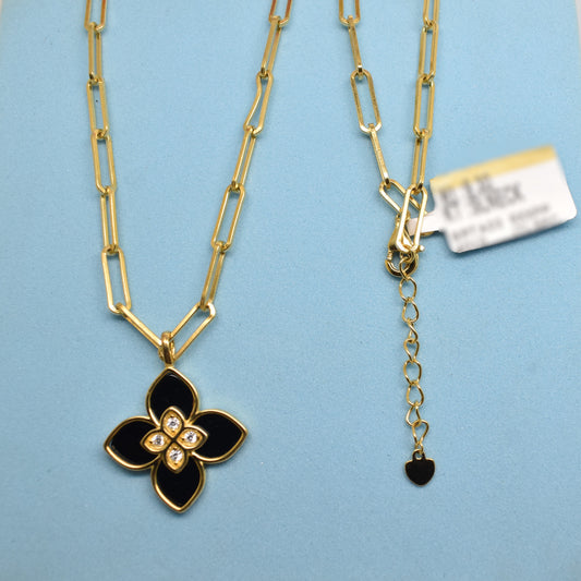 925 Sterling Silver - Yellow Roberto Coin Black Jade Paperclip-Chain Necklace