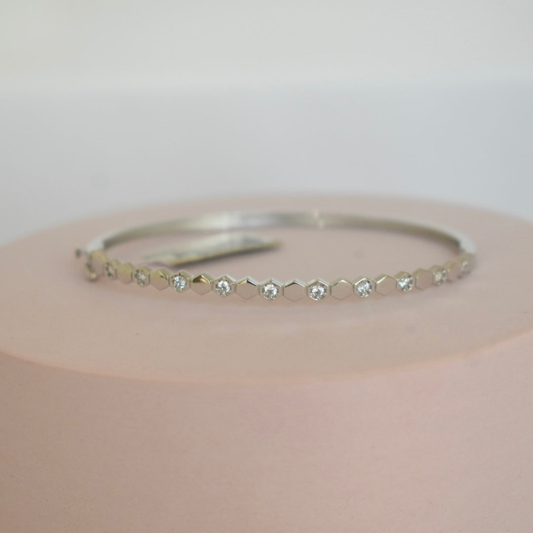 Real 18K White Gold - Hexagon Stone Bangle