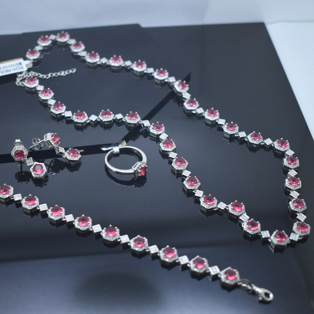 925 Sterling Silver - Pink Zircon Necklace Set