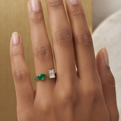 Fine 925 Sterling Silver -  Yellow Iris Green Gemstone Open Ring