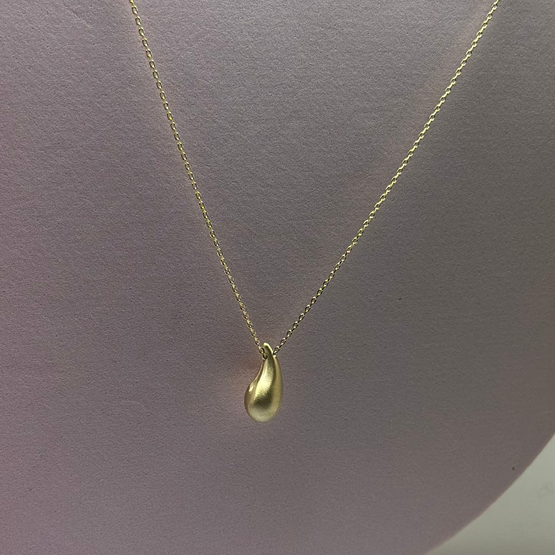 Real 18K Yellow Gold - Chunky Teardrop MATTE Small Thin Necklace