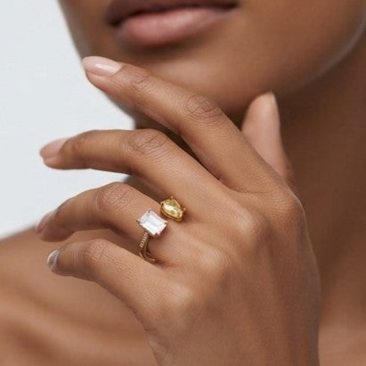Fine 925 Sterling Silver -  Yellow Iris Yellow Gemstone Open Ring