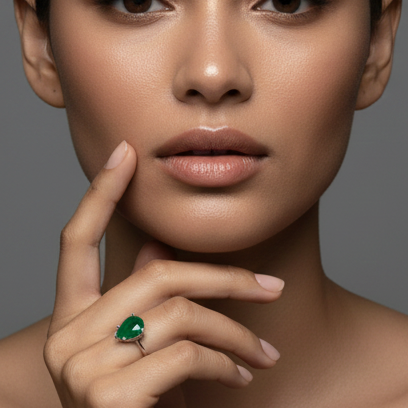 Fine 925 Sterling Silver - Pear Shape Green Stone Ring