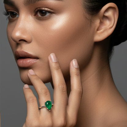 Fine 925 Sterling Silver - Pear Shape Green Stone Ring
