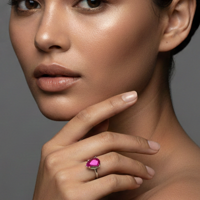 Fine 925 Sterling Silver - Pear Shape Pink Stone Ring