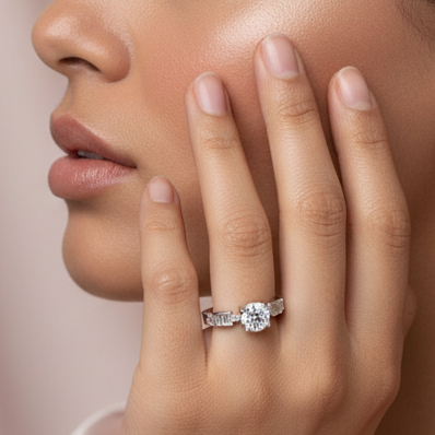 Fine 925 Sterling Silver - Round Stone With Baguette Channel set Ring