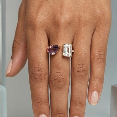 Fine 925 Sterling Silver - Yellow Iris Purple Gemstone Open Ring