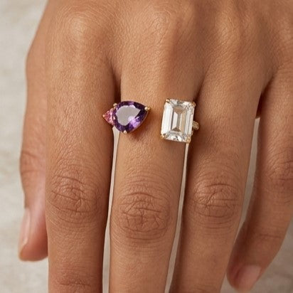 Fine 925 Sterling Silver - Yellow Iris Purple Gemstone Open Ring