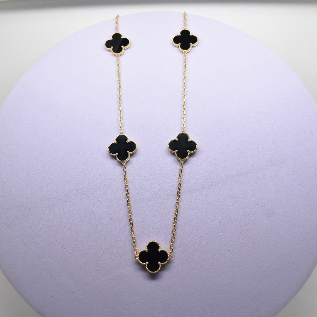 Real 18K Yellow Gold - SJVC Black 15 mm 5 Flower Necklace