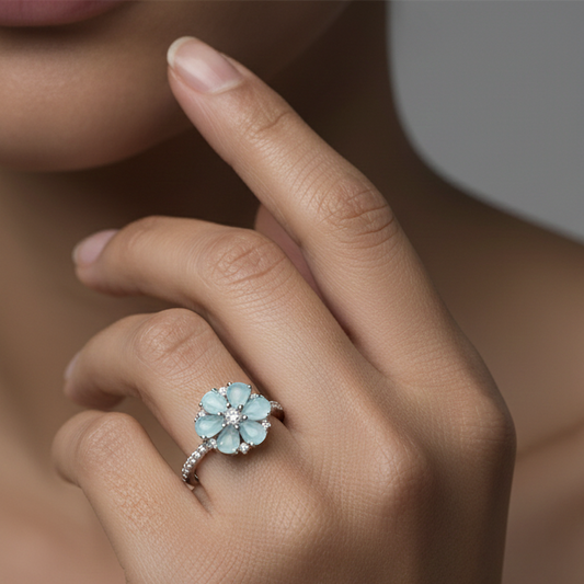 Fine 925 Sterling Silver - Classic Light-blue Blossom Ring