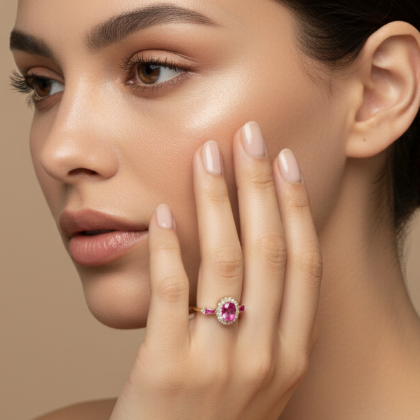 Fine 925 Sterling Silver - Yellow Pink Stone Ring