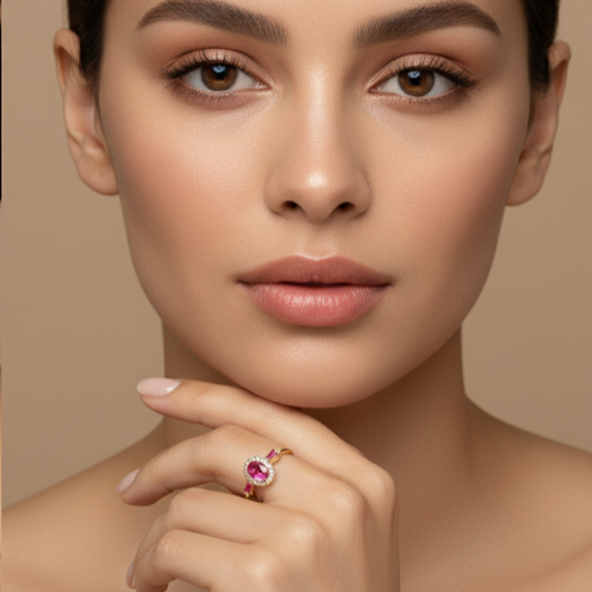 Fine 925 Sterling Silver - Yellow Pink Stone Ring