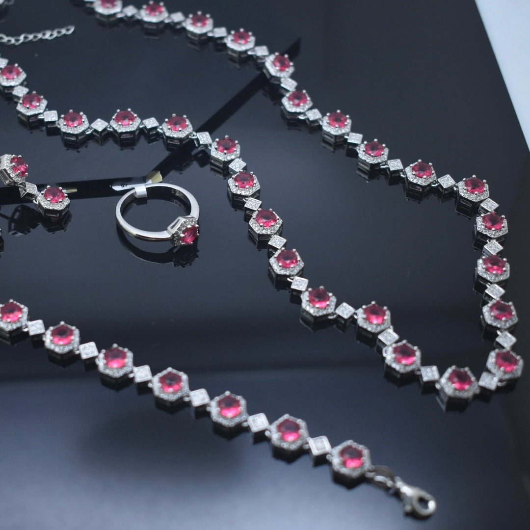 925 Sterling Silver - Pink Zircon Necklace Set