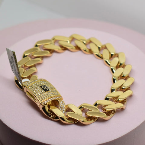 *NEW* Real 18K Yellow Gold - Monaco Classic 14mm Stone Bracelet