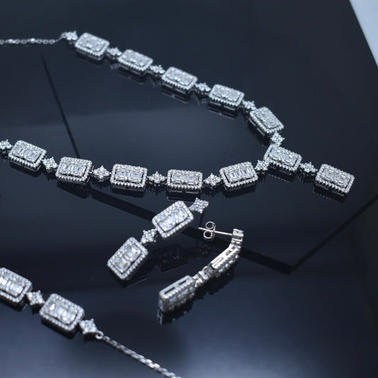 925 Sterling Silver - Rectangle Zircon Necklace Set