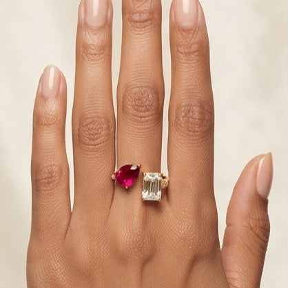 Fine 925 Sterling Silver -  Yellow Iris Pink Gemstone Open Ring