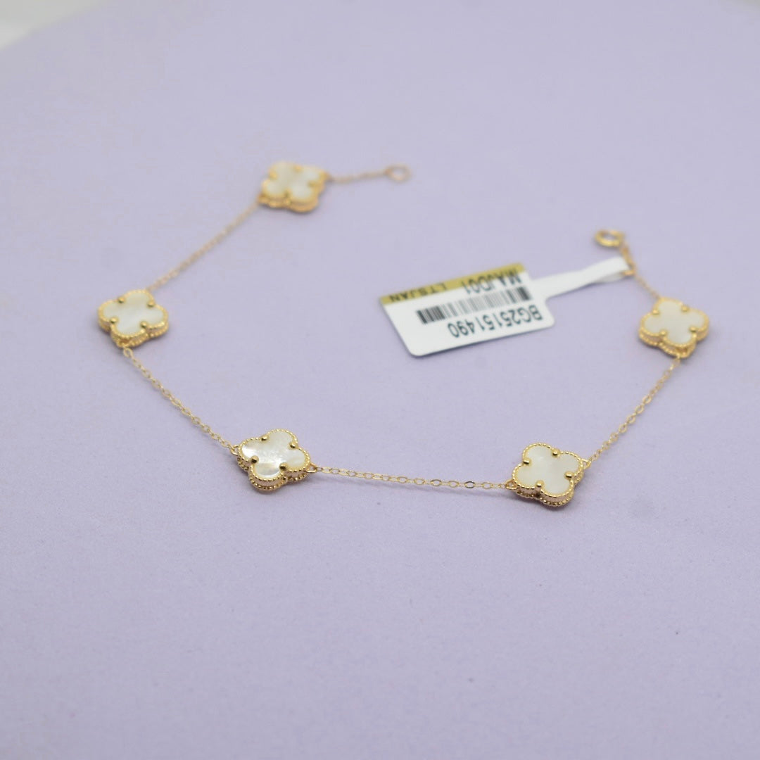 Real 18K Yellow Gold - SJVC White 8mm 5 Flower Bracelet