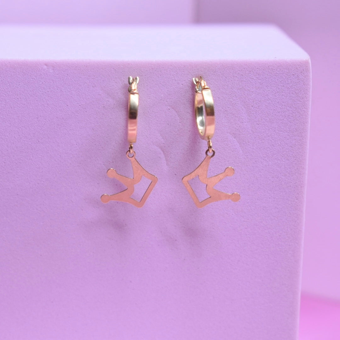 *NEW* Real 18K Yellow Gold - Crown Dangling Hoop Earrings