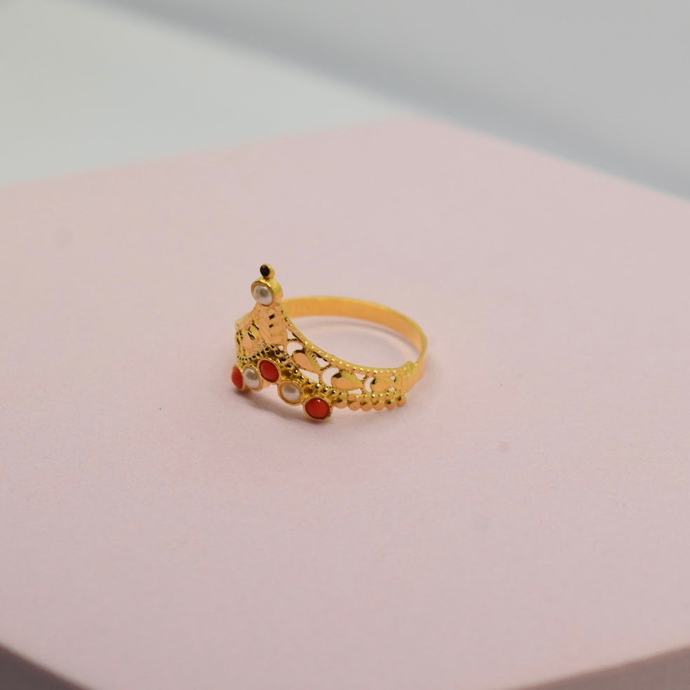 *TRENDY* 21K Yellow Gold - Arabic Triangle Orange Pearl Ring