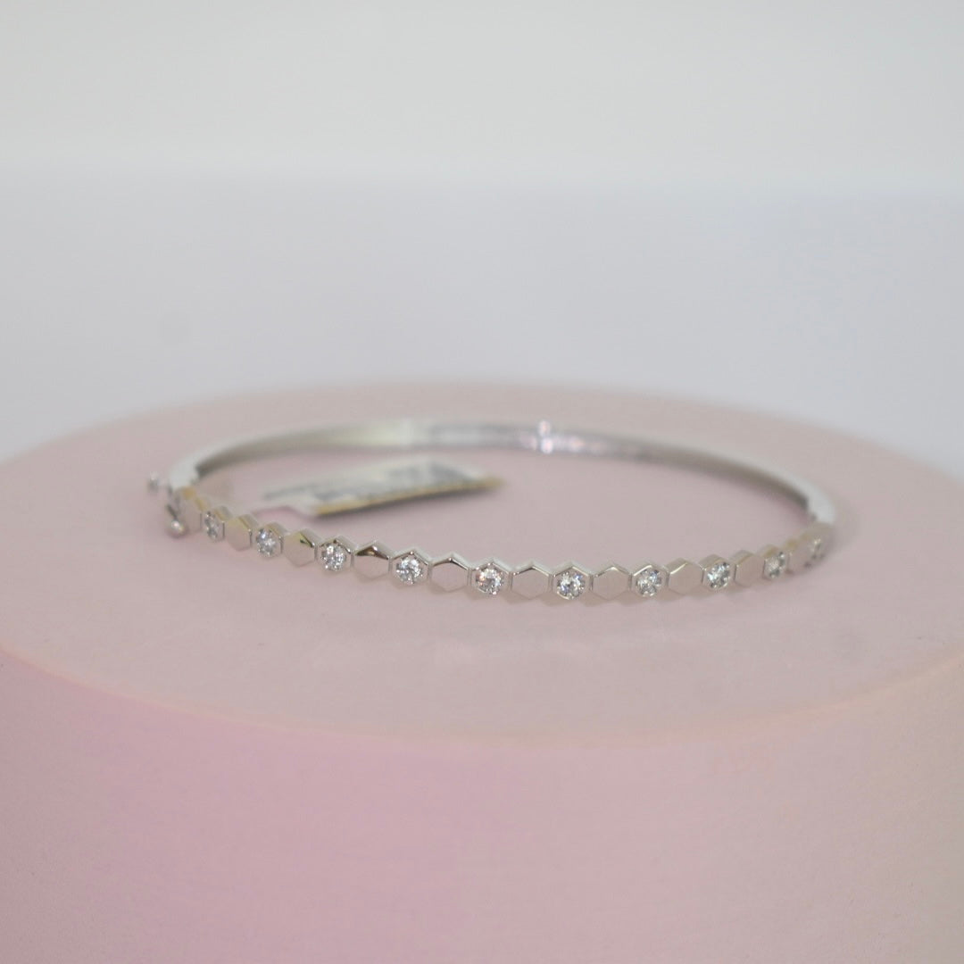 Real 18K White Gold - Hexagon Stone Bangle