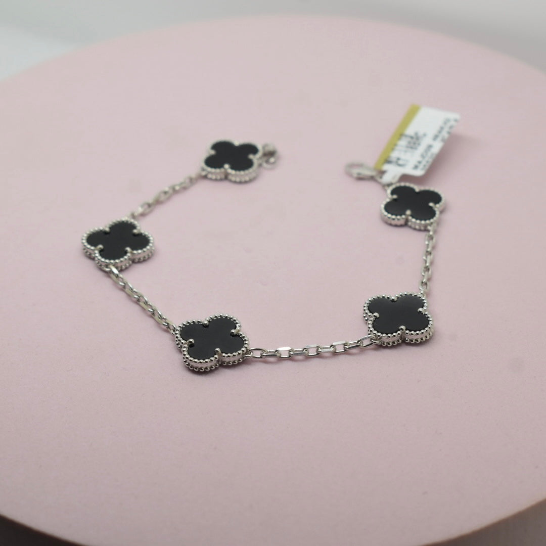 Real 18K White Gold - SJVC 5 Flower Black Bracelet