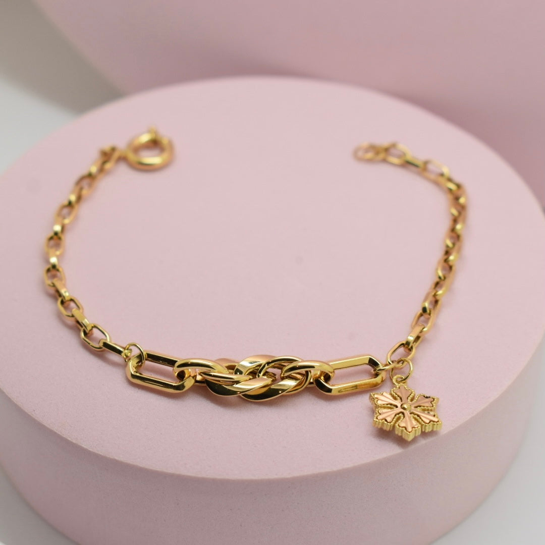 *NEW* Real 18K Yellow Gold - Hollow Link Dangling Clover Bracelet