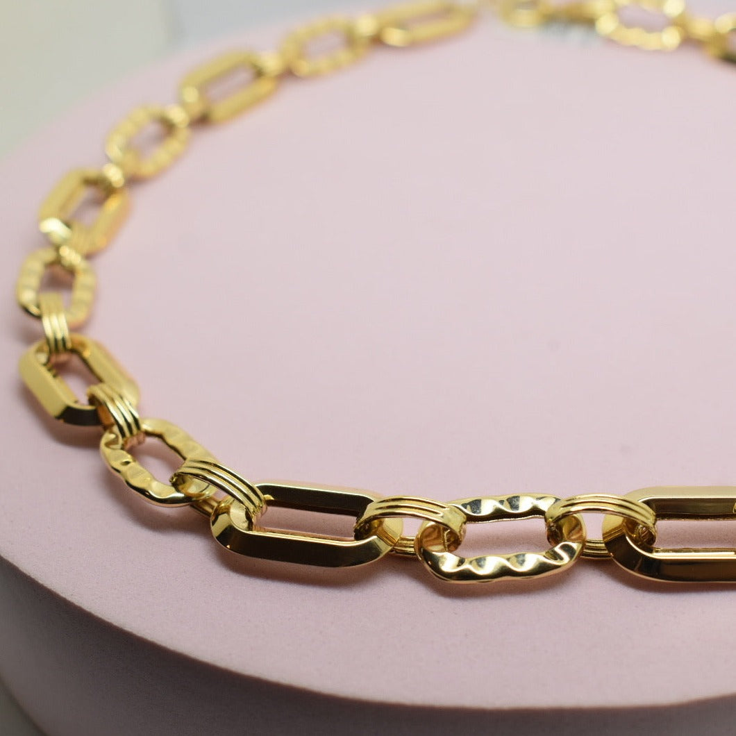 Real 18K Yellow Gold - Chunky Textured Link Necklace