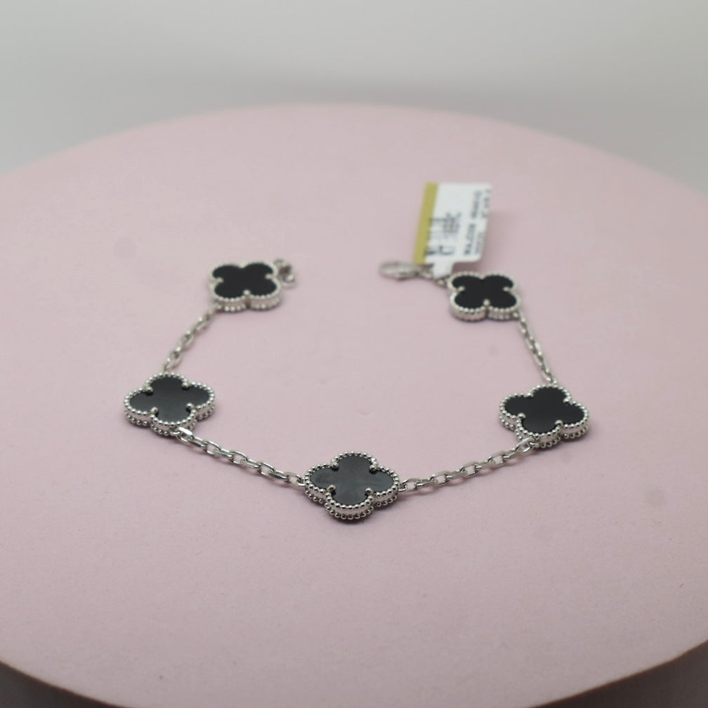 Real 18K White Gold - SJVC 5 Flower Black Bracelet