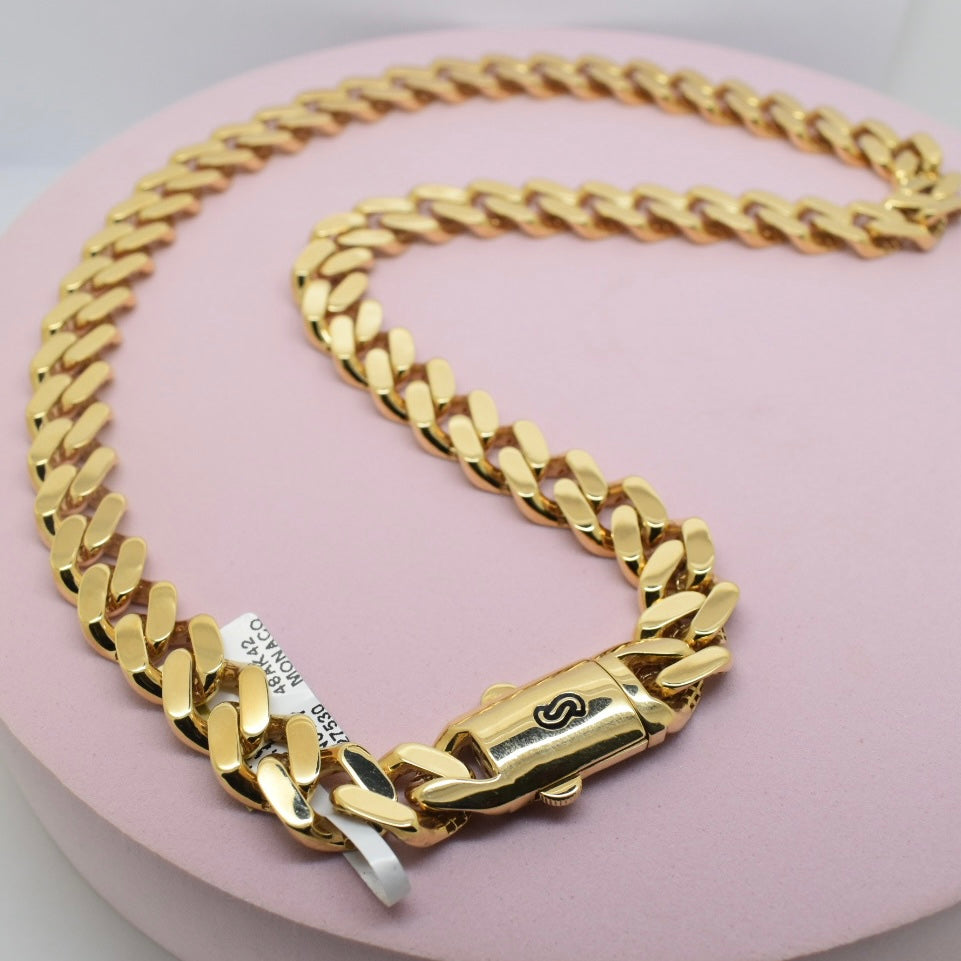 Real 18K Yellow Gold - 12mm Monaco Classic Plain Chain