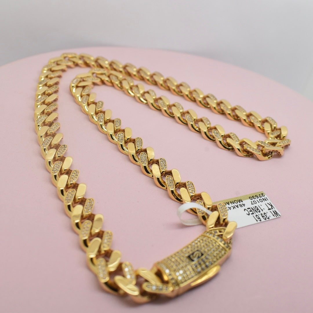 Real 18K Yellow Gold - 10mm Monaco Classic Chain with Dual Stone