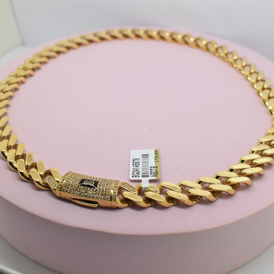 Real 18K Yellow Gold - 12mm Monaco Classic Chain with Stone