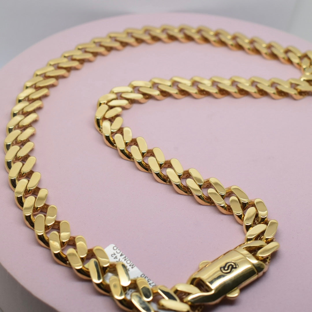 Real 18K Yellow Gold - 12mm Monaco Classic Plain Chain