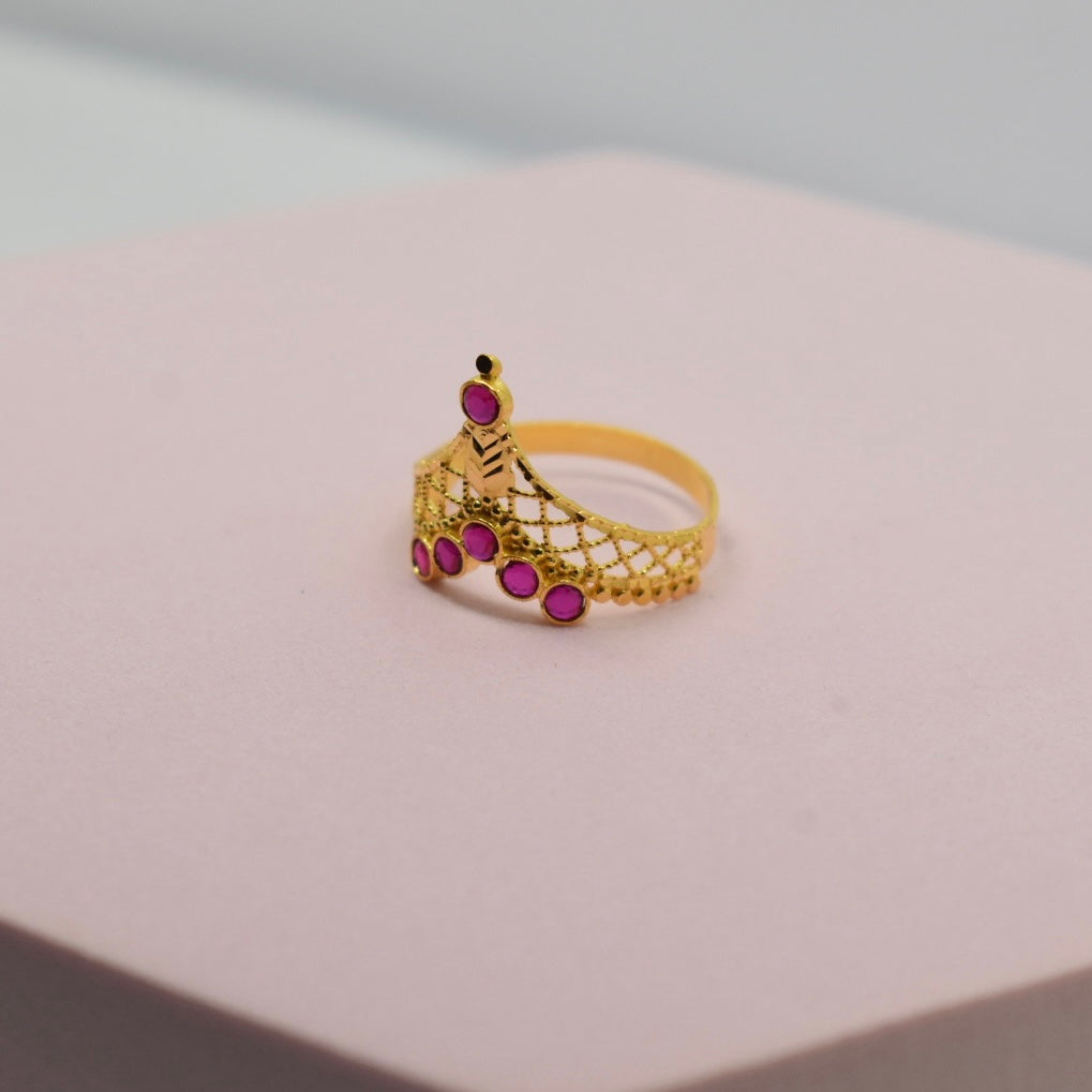 *TRENDY* 21K Yellow Gold - Arabic Triangle Pink Ring