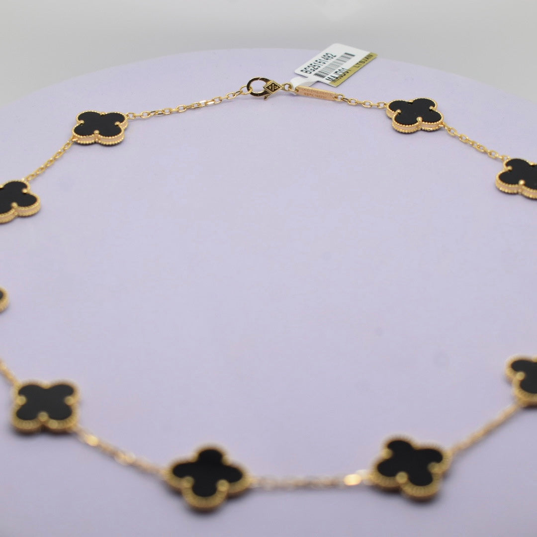 Real 18K Yellow Gold - SJVC Black 15mm 10 Flower Necklace