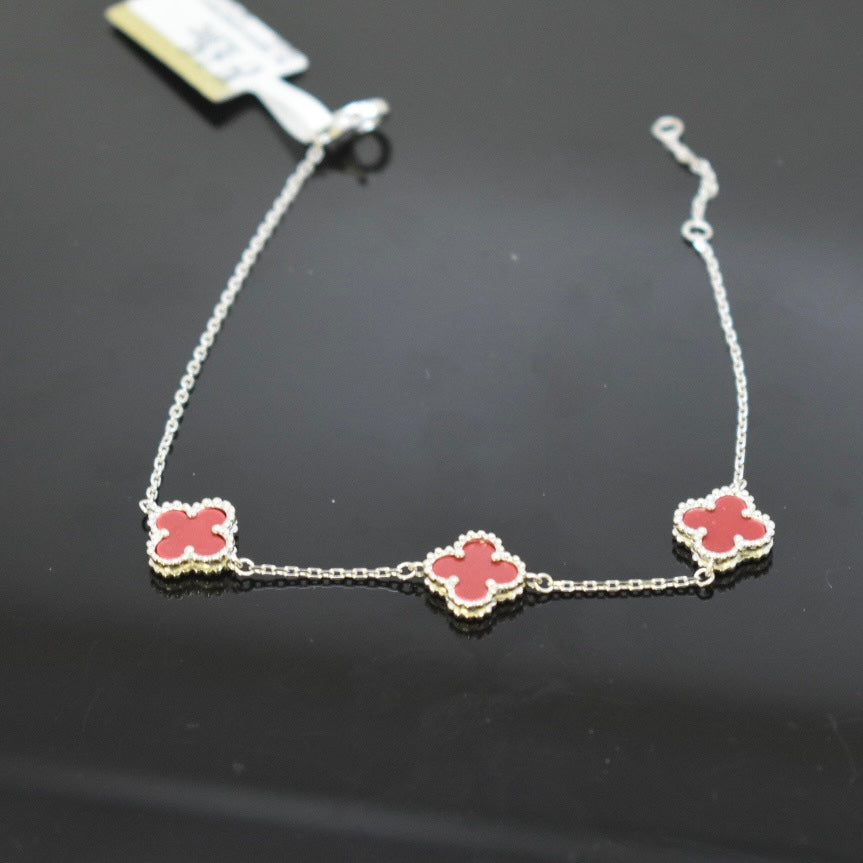 925 Sterling Silver - White SJVC 3 Flower Red Bracelet