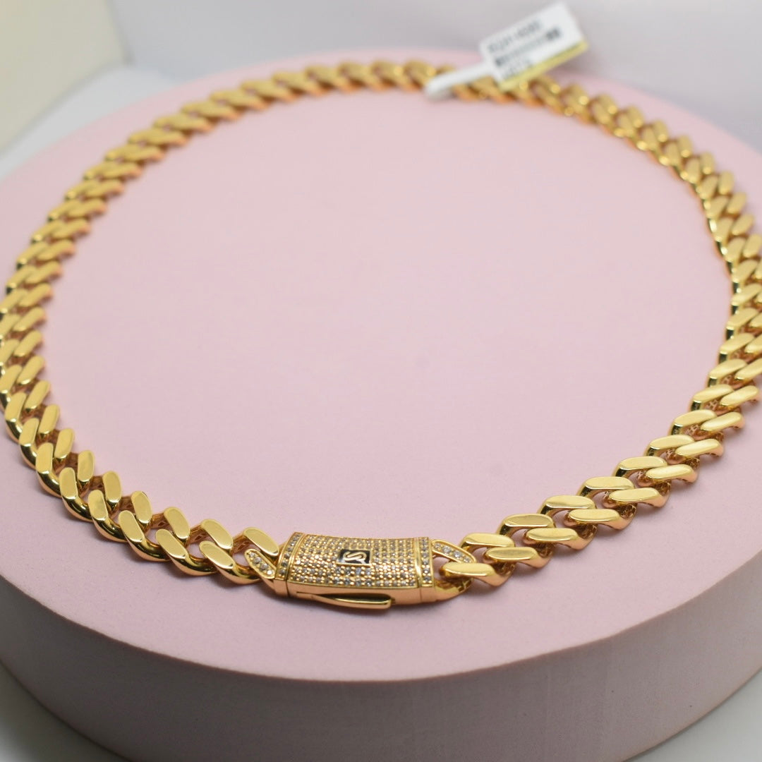 Real 18K Yellow Gold - 10mm Monaco Classic Chain with Stone