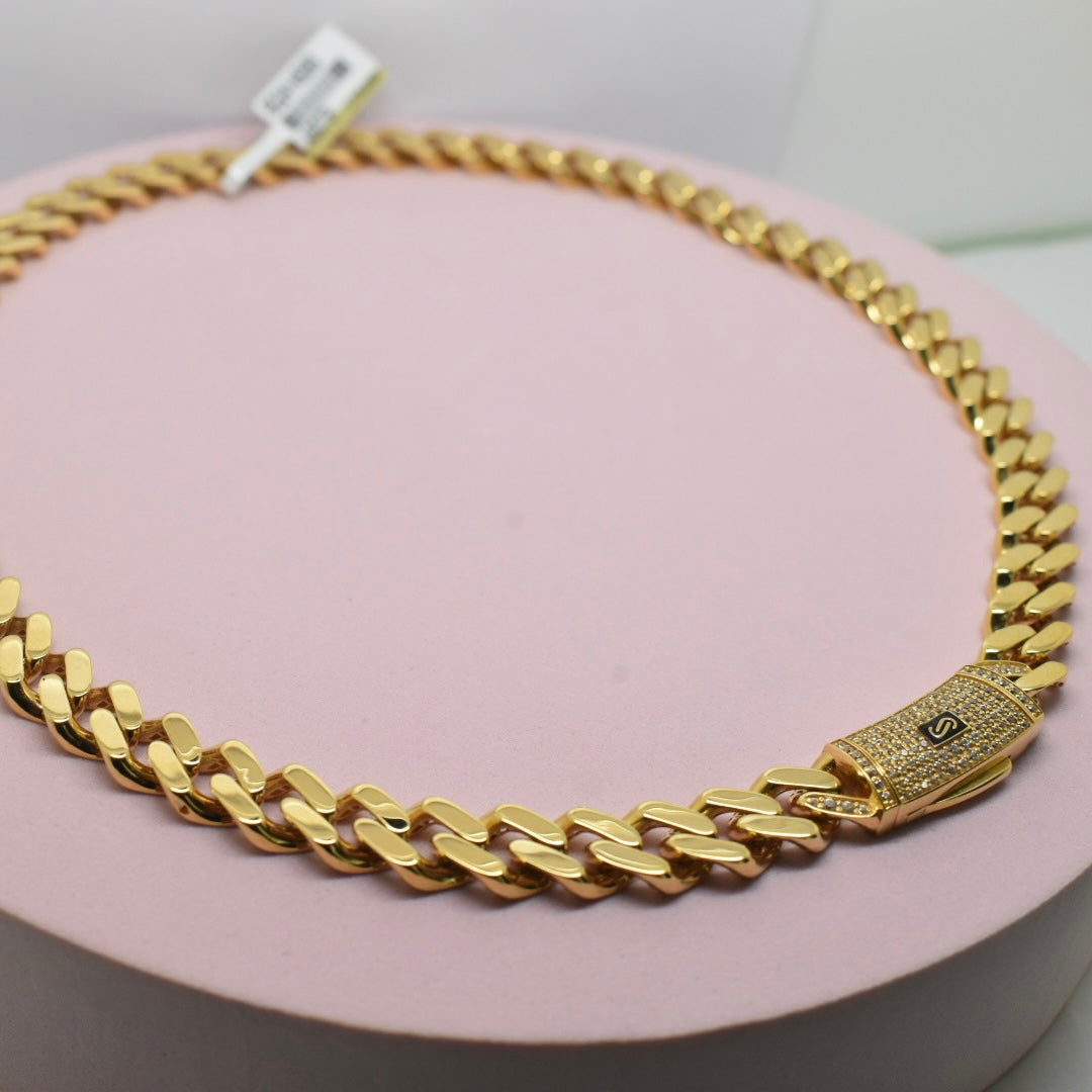 Real 18K Yellow Gold - 10mm Monaco Classic Chain with Stone