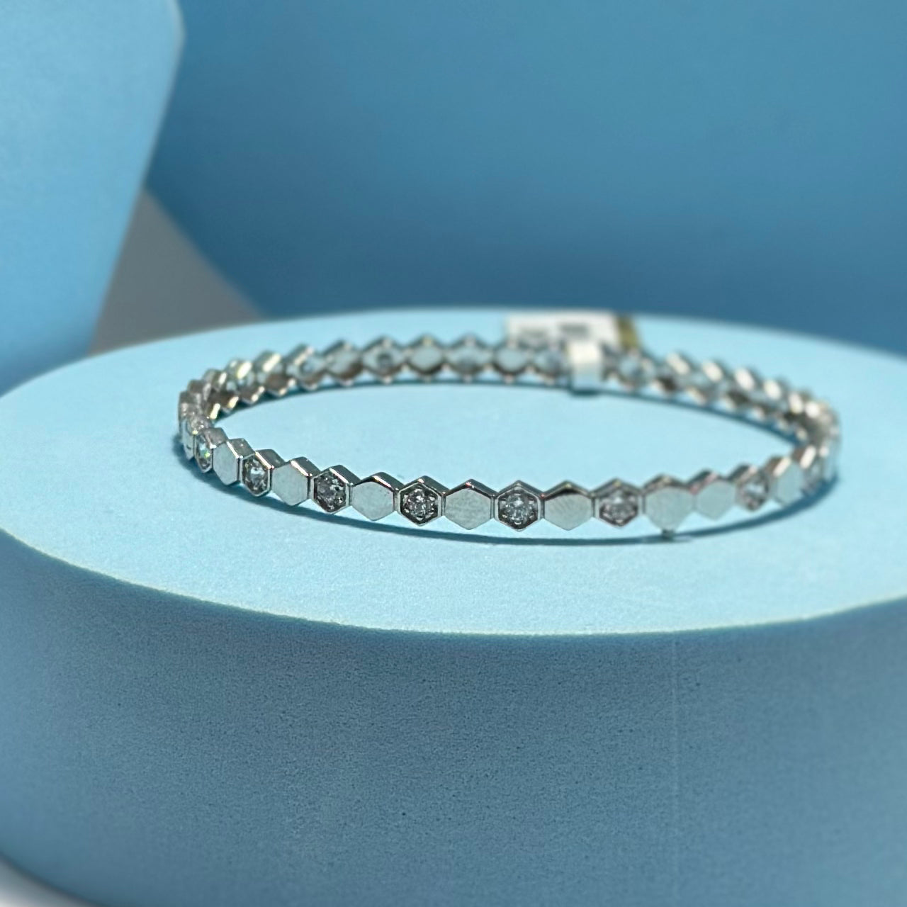 Real 18K White Gold - Hexagon Stone Bangle