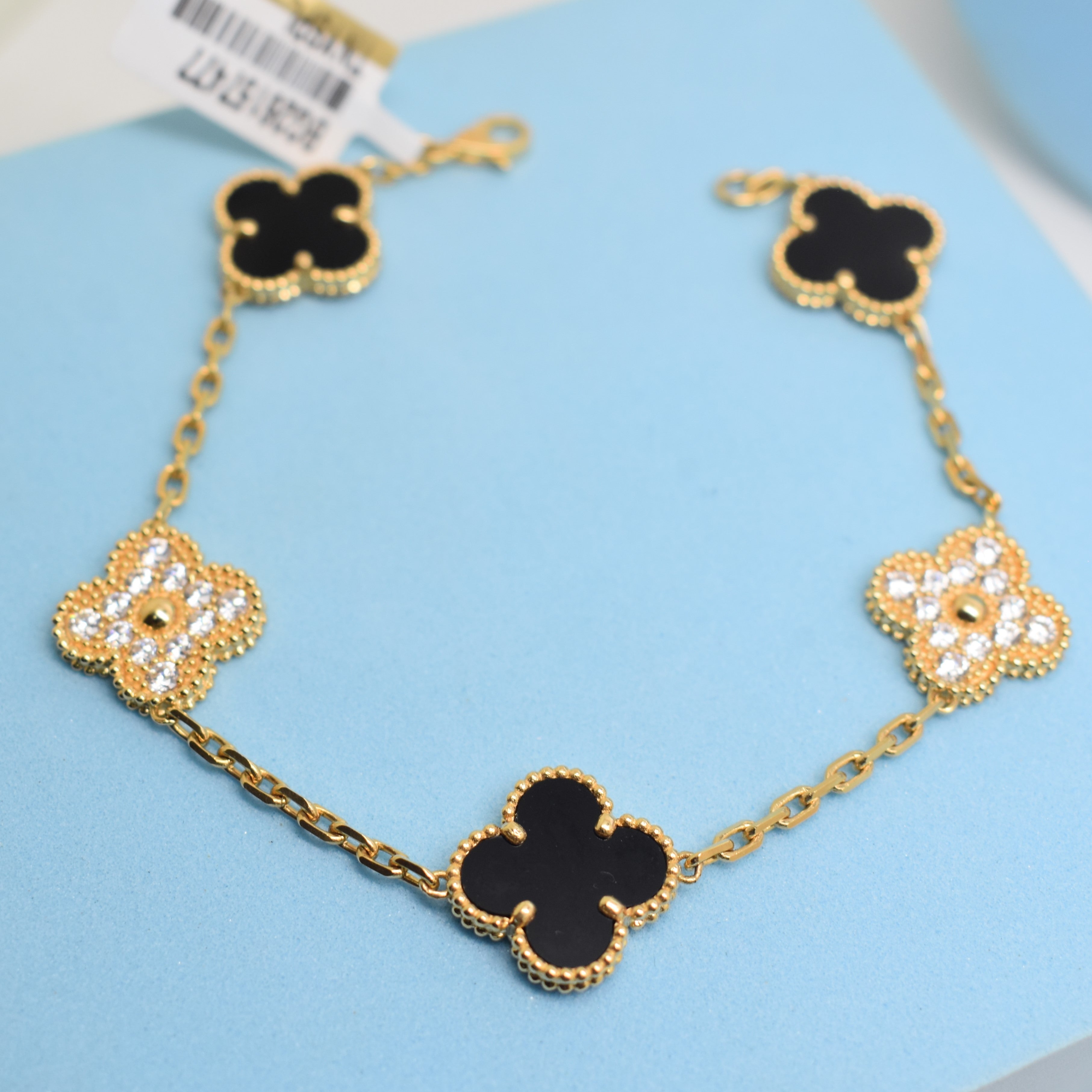 18K Yellow Gold - SJVC 15mm Black/Zircon 5 Flower Bracelet