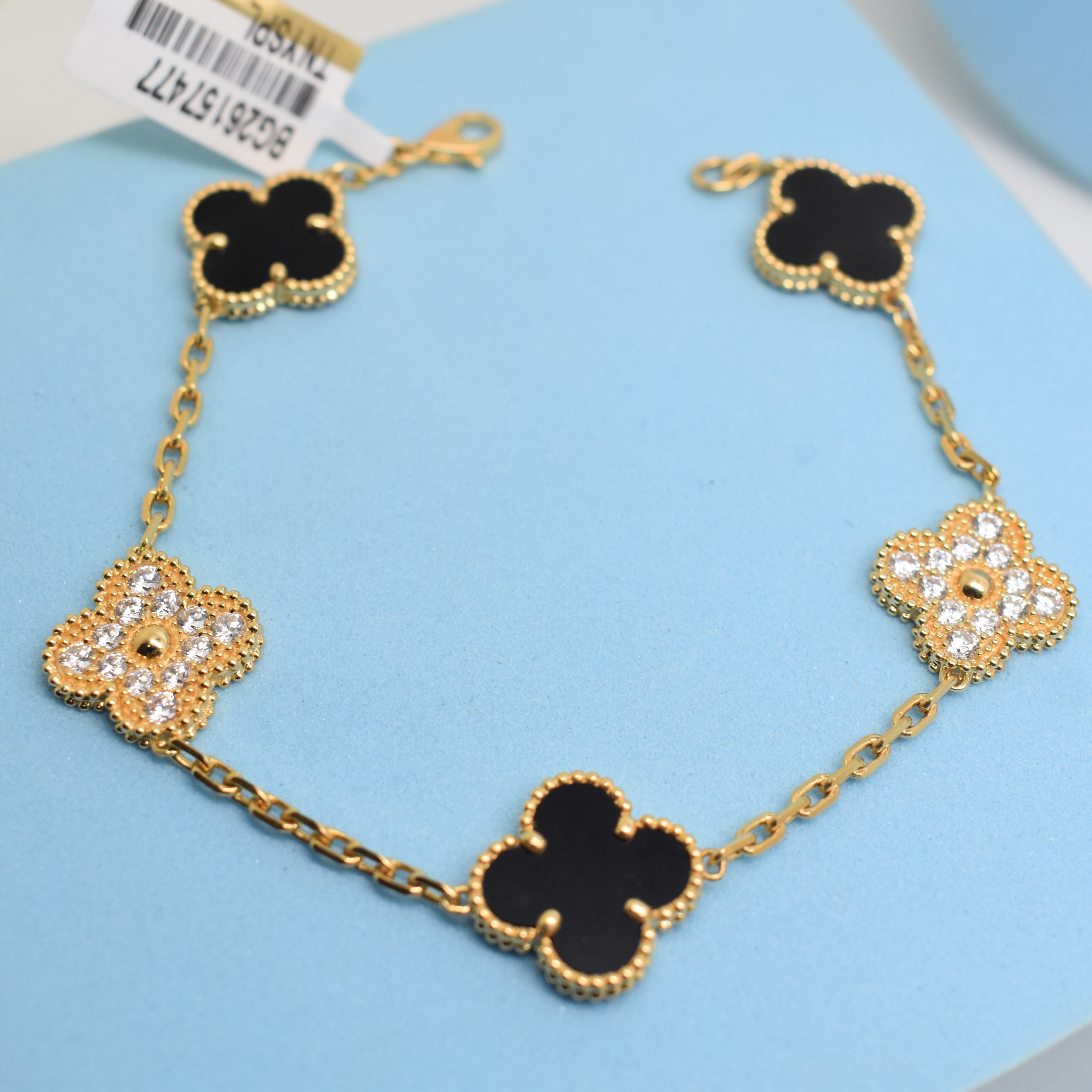 18K Yellow Gold - SJVC 15mm Black/Zircon 5 Flower Bracelet