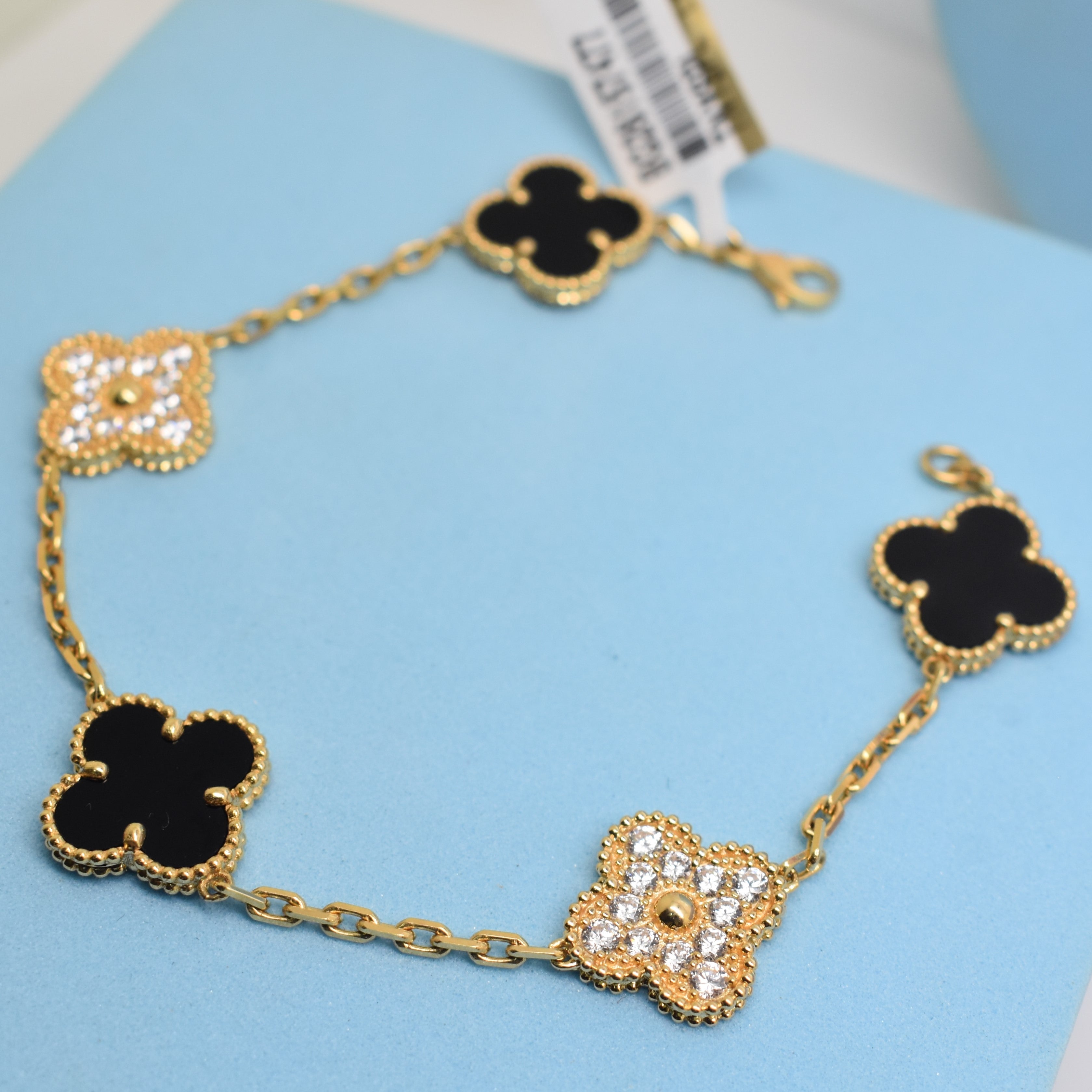18K Yellow Gold - SJVC 15mm Black/Zircon 5 Flower Bracelet