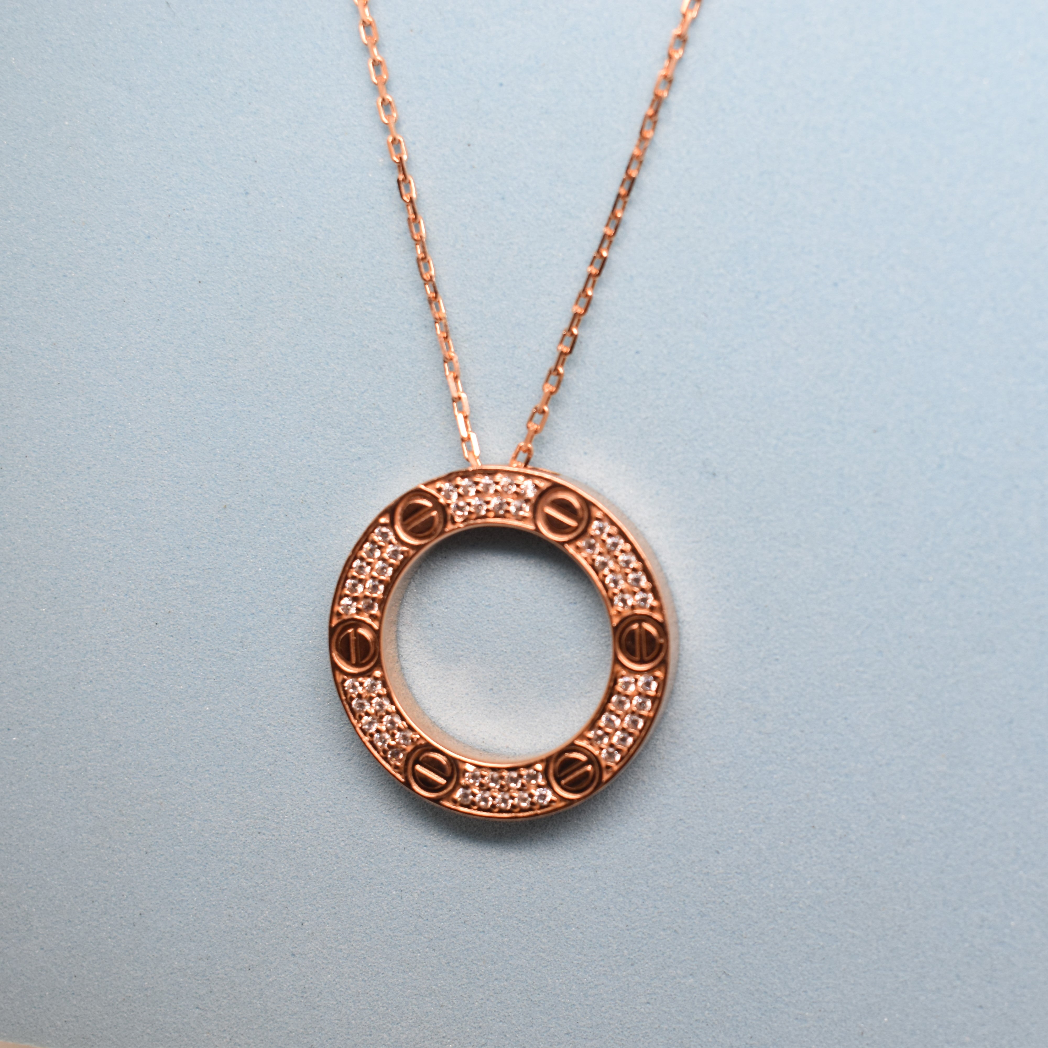 Real 18K Rose Gold - SJCR Paved Stone Love Necklace
