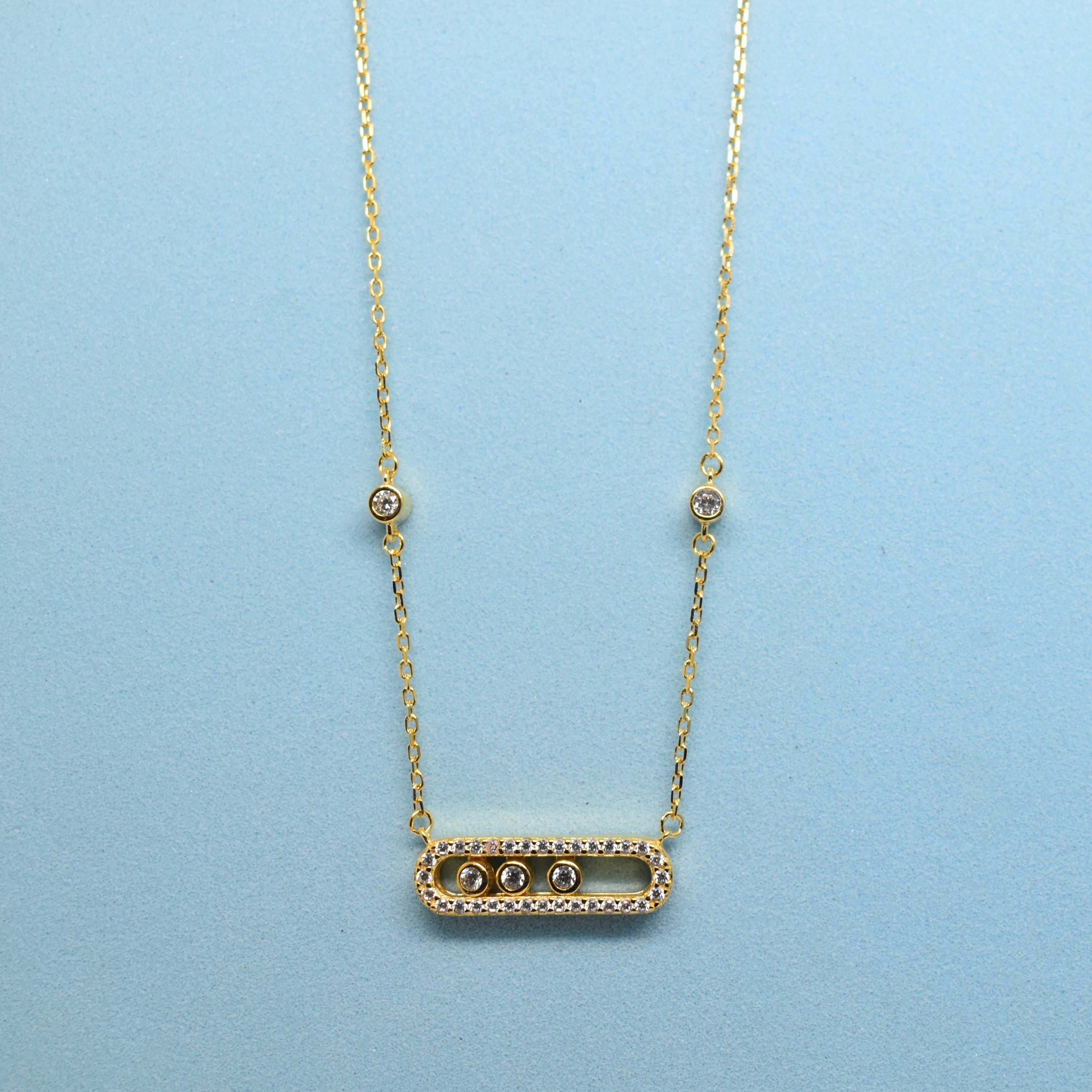 925 Sterling Silver - Yellow SJMSK Triple Stone Pave Necklace