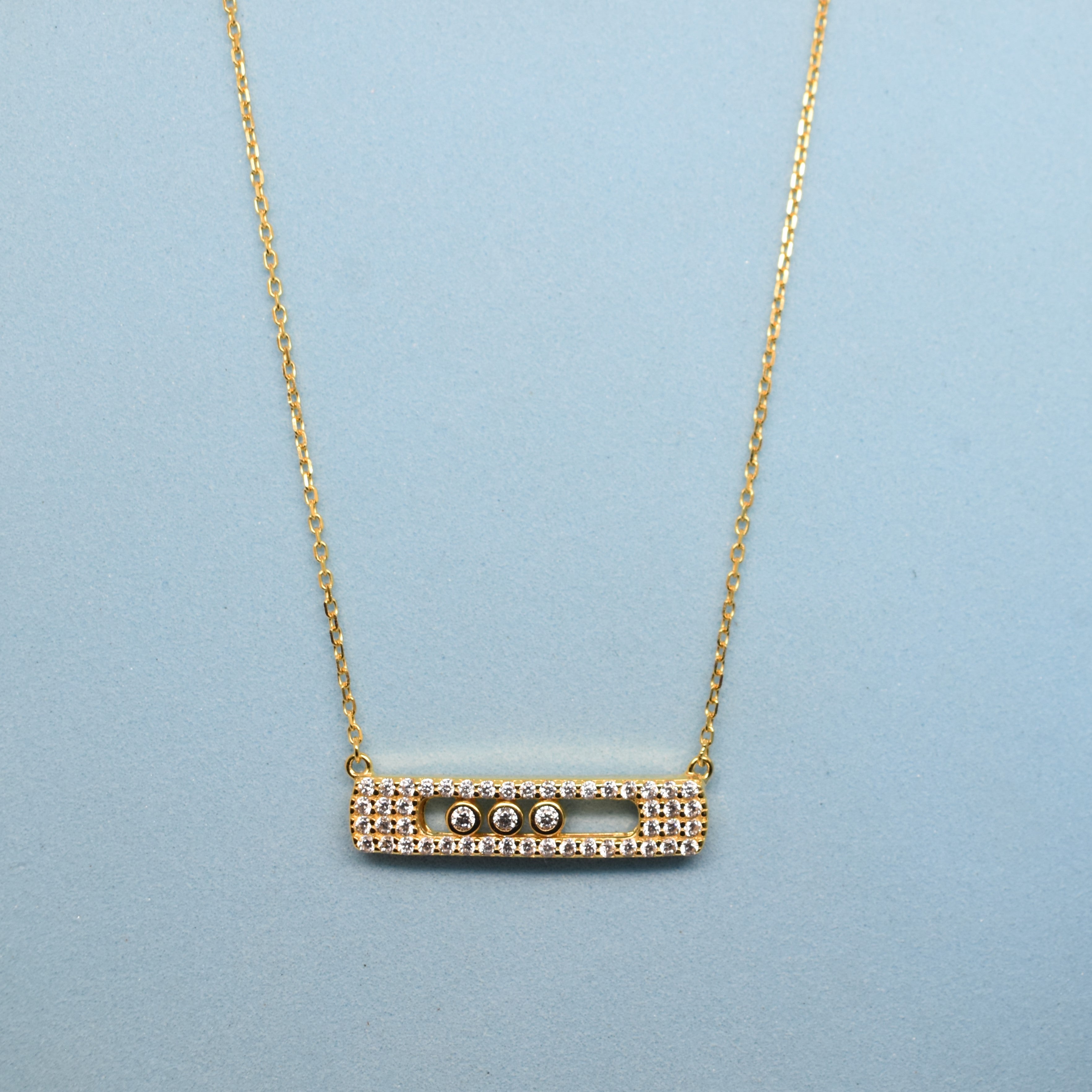 925 Sterling Silver - Yellow SJMSK Full Pave Triple Stone Bar Necklace